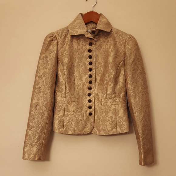 Carlisle gold damask jacquard brocade peplum blazer fit flare skirt suit - Picture 4 of 7